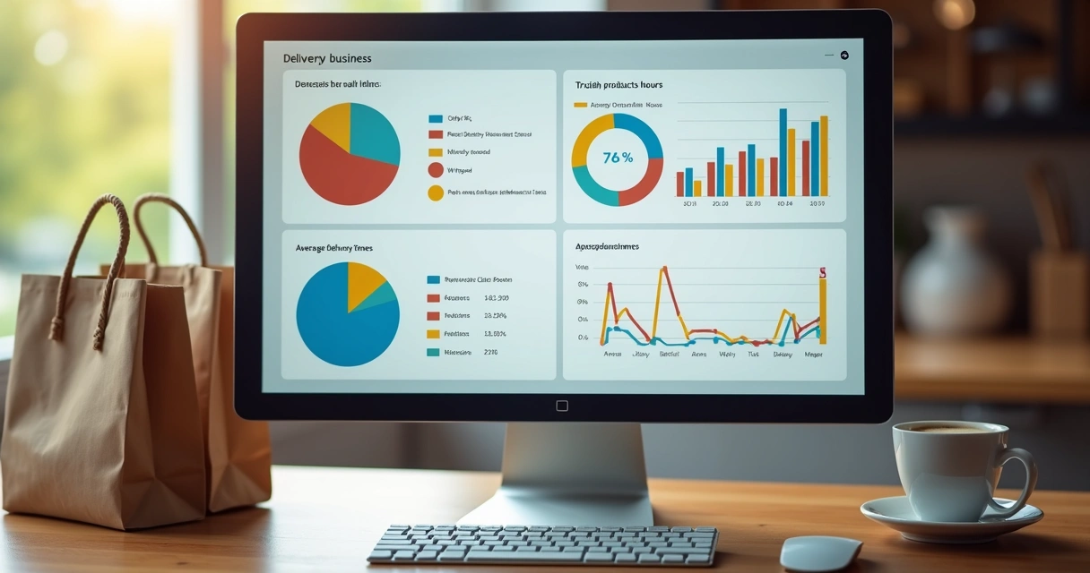 Tela de computador exibindo dashboards de relatórios de delivery