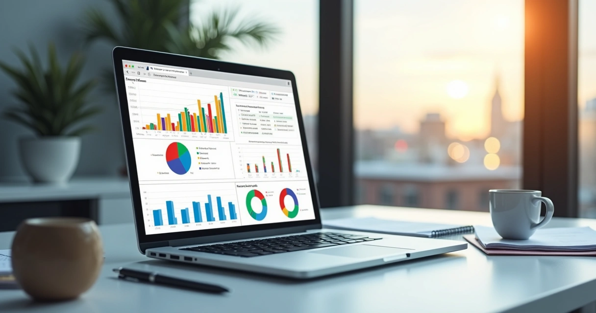 Relatórios detalhados do sistema LMS com gráficos coloridos em tela de notebook 