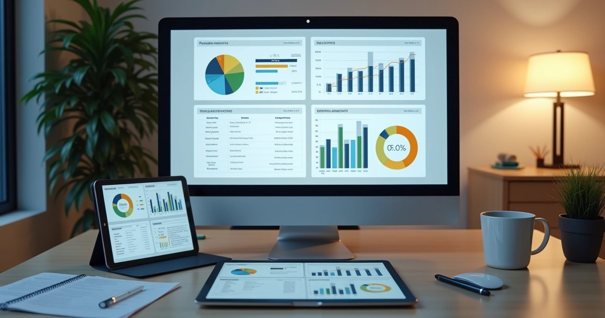 Relatórios contábeis digitais abertos em tablet e computador 