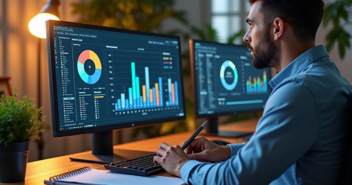 Tela de computador mostrando gráficos de ERP com relatórios gerenciais