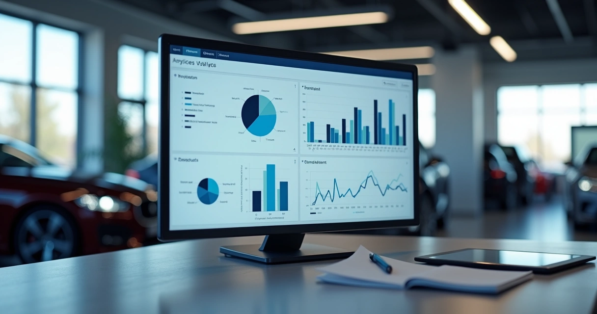 Relatórios digitais de venda de veículos em telas de computador 