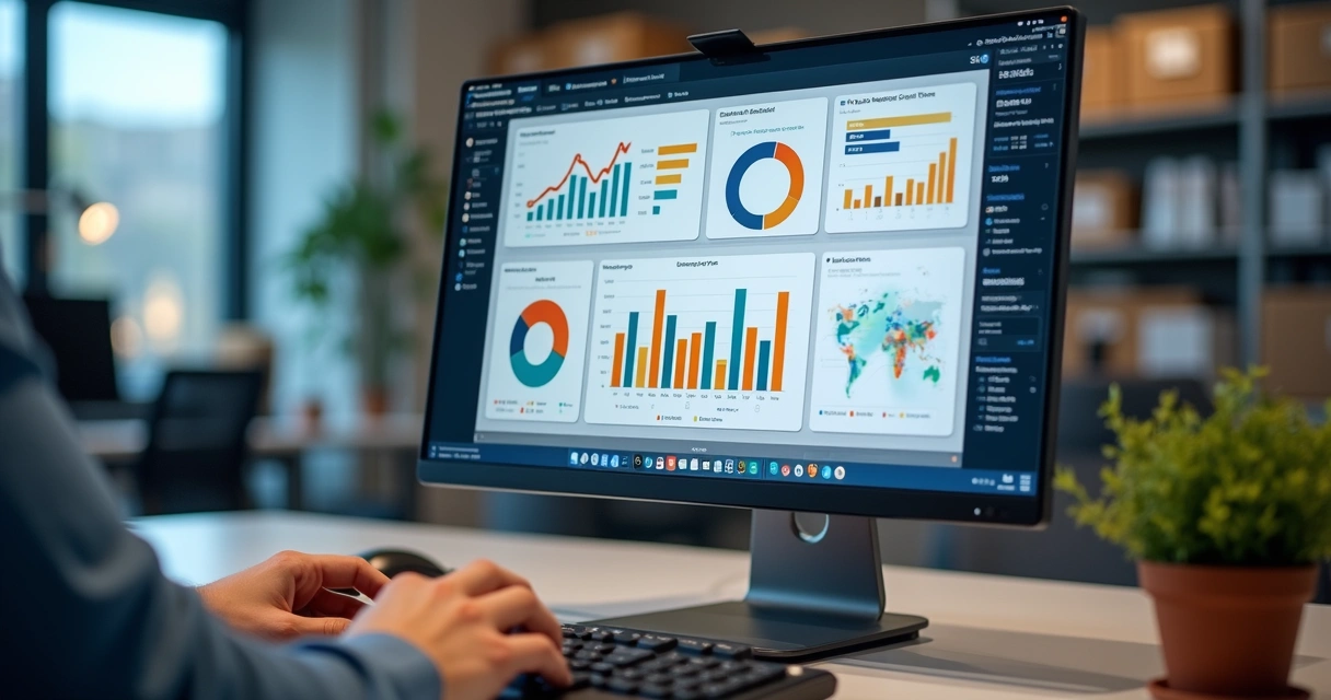 Tela de computador com relatórios de estoque e gráficos de vendas 
