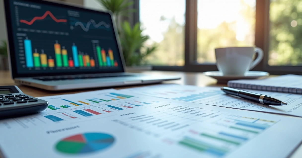 Documentos e gráficos financeiros em uma mesa com laptop aberto e caneta ao lado 