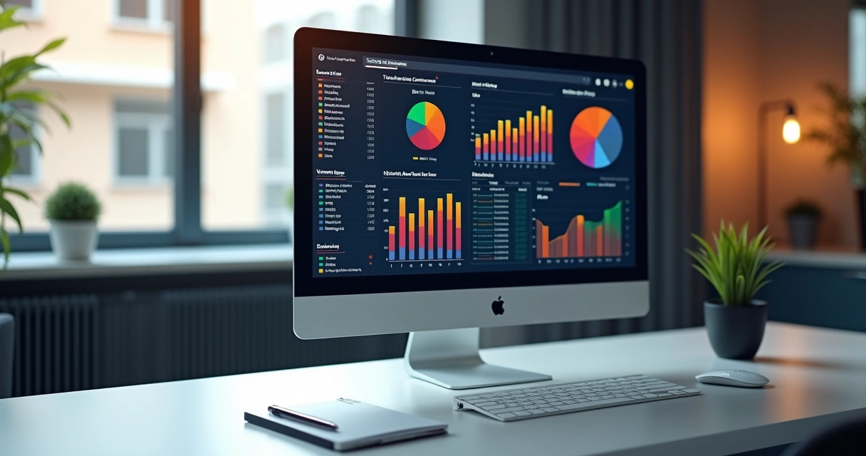 Relatórios financeiros digitais em tela de computador com gráficos coloridos 
