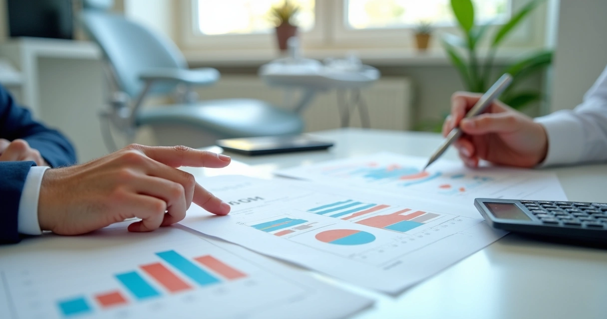 Relatórios financeiros impressos em clínica odontológica com gráficos coloridos 