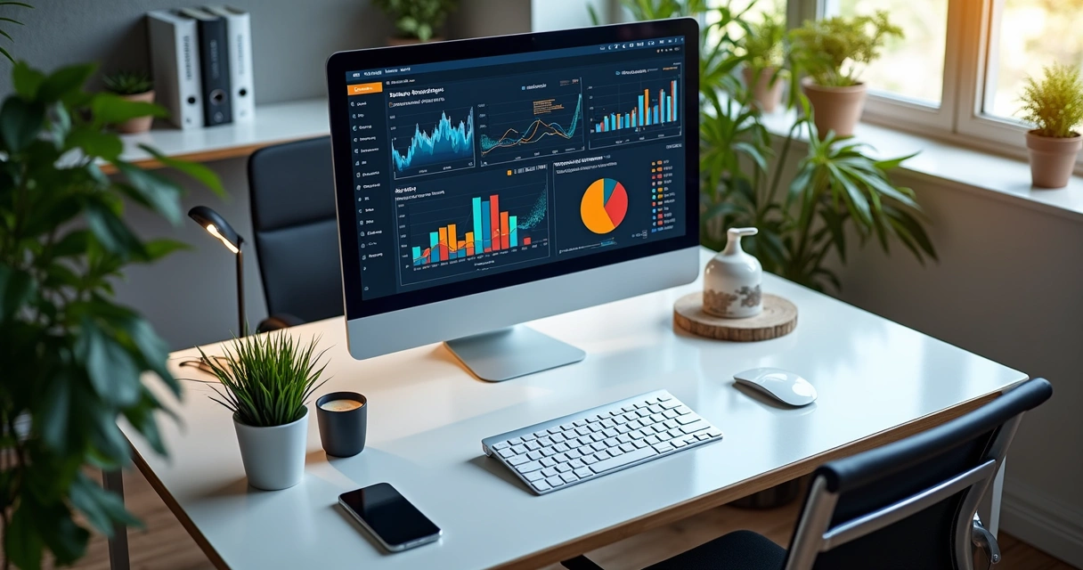 Gráficos de relatórios financeiros em tela de computador de escritório contábil 