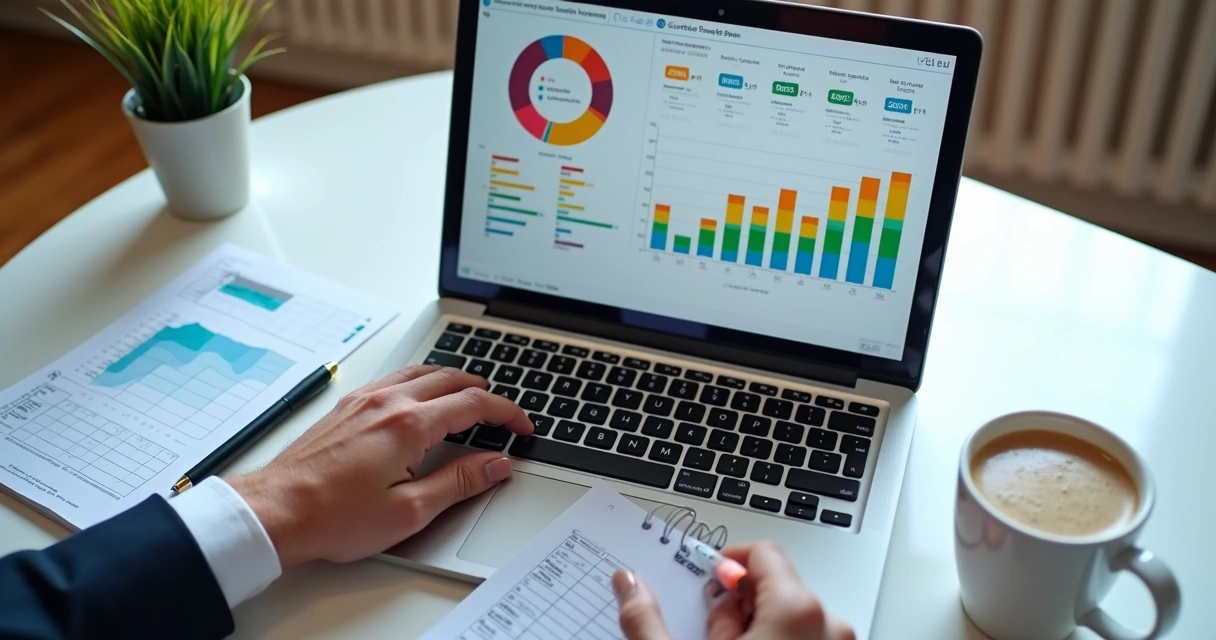 Planilhas e gráficos coloridos em tela de computador, representando relatórios financeiros 