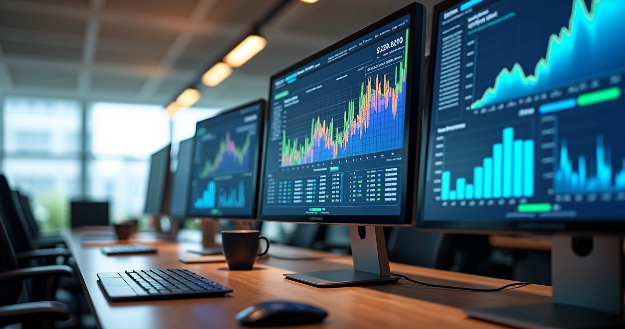 Dashboards financeiros coloridos exibindo gráficos e relatórios detalhados em monitores modernos 