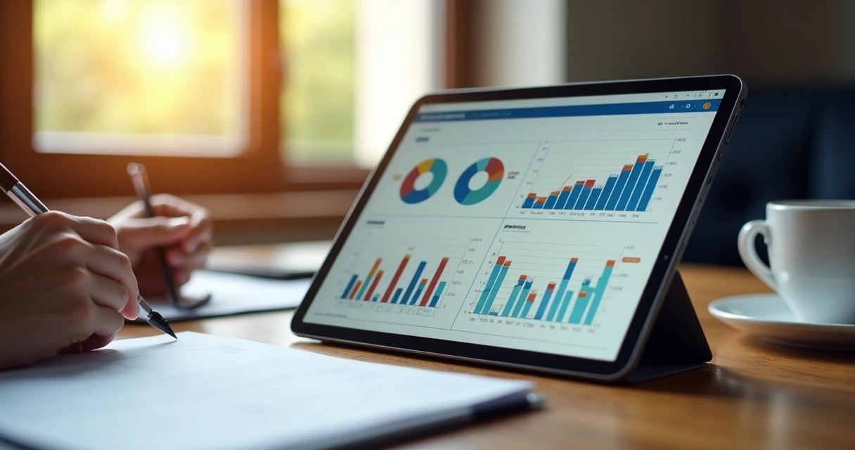 Relatórios financeiros coloridos em tela digital 