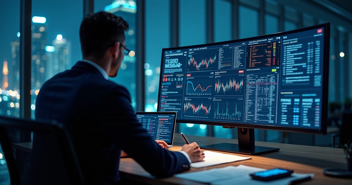 Executivo analisando relatórios financeiros automatizados em tela com alerta de risco 