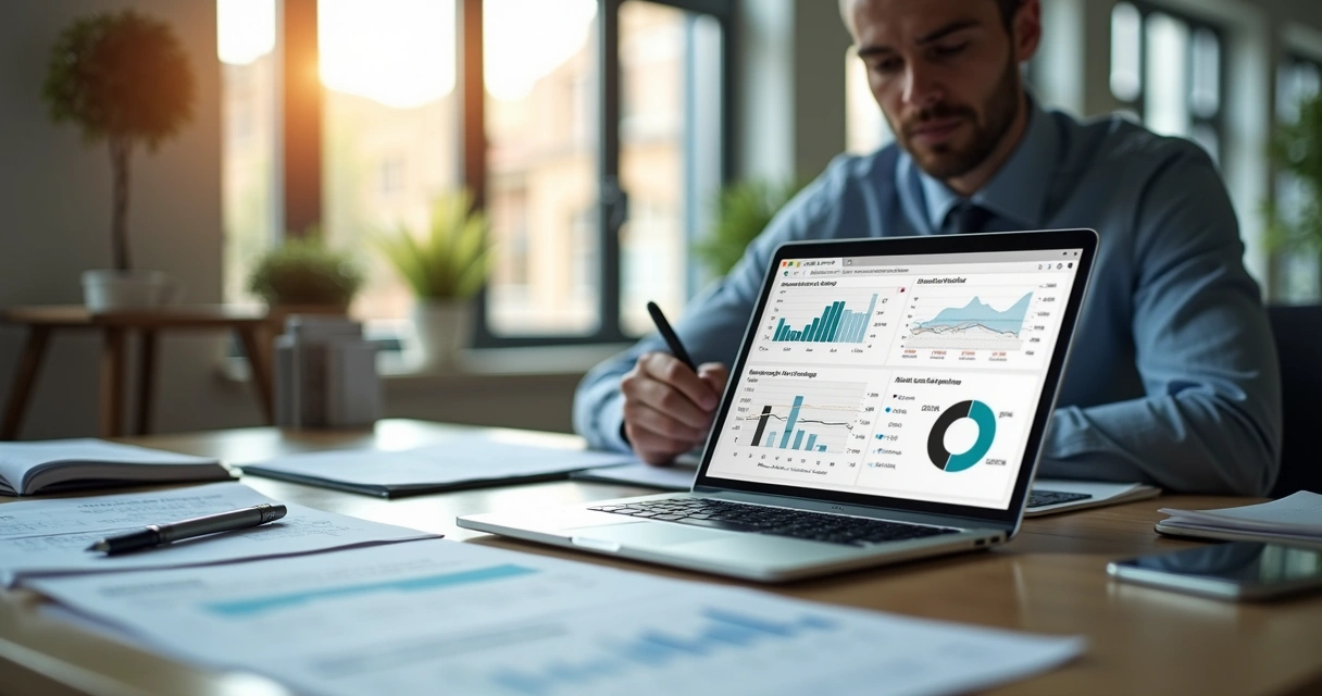 Relatórios financeiros imobiliários emitidos na tela do notebook 