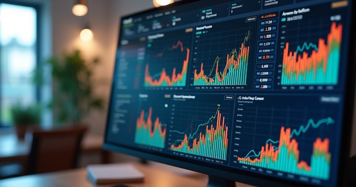 Relatórios de vendas e gráficos financeiros em tela de computador com gráficos de lucros