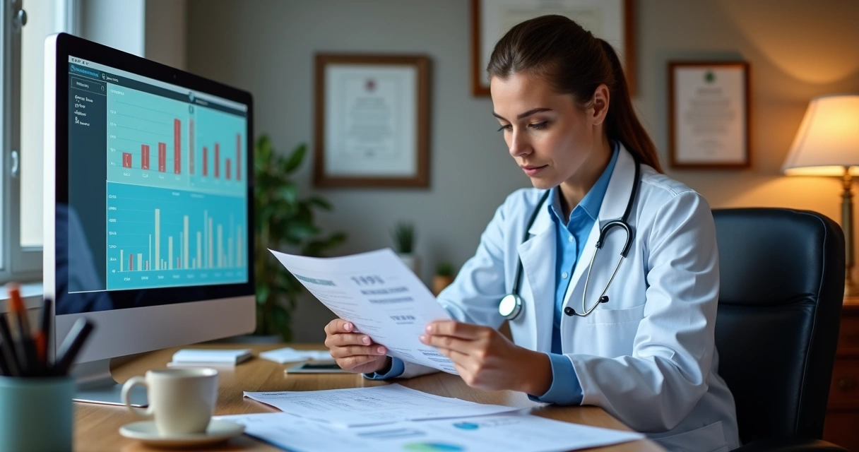 Médico analisando relatórios financeiros em consultório médico 