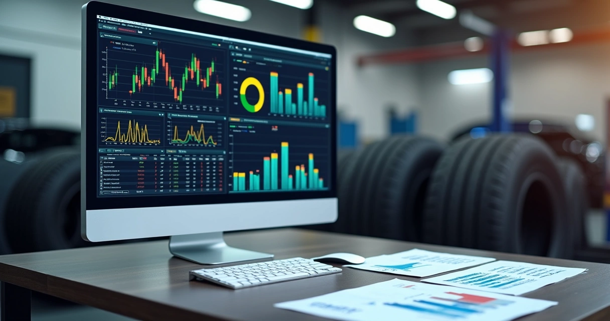 Relatórios financeiros coloridos em telas de computador em cima de uma bancada de oficina 