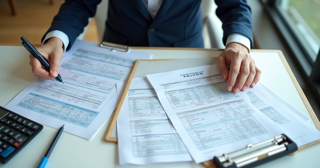 Relatórios fiscais e tributários sendo conferidos por profissional em escritório 