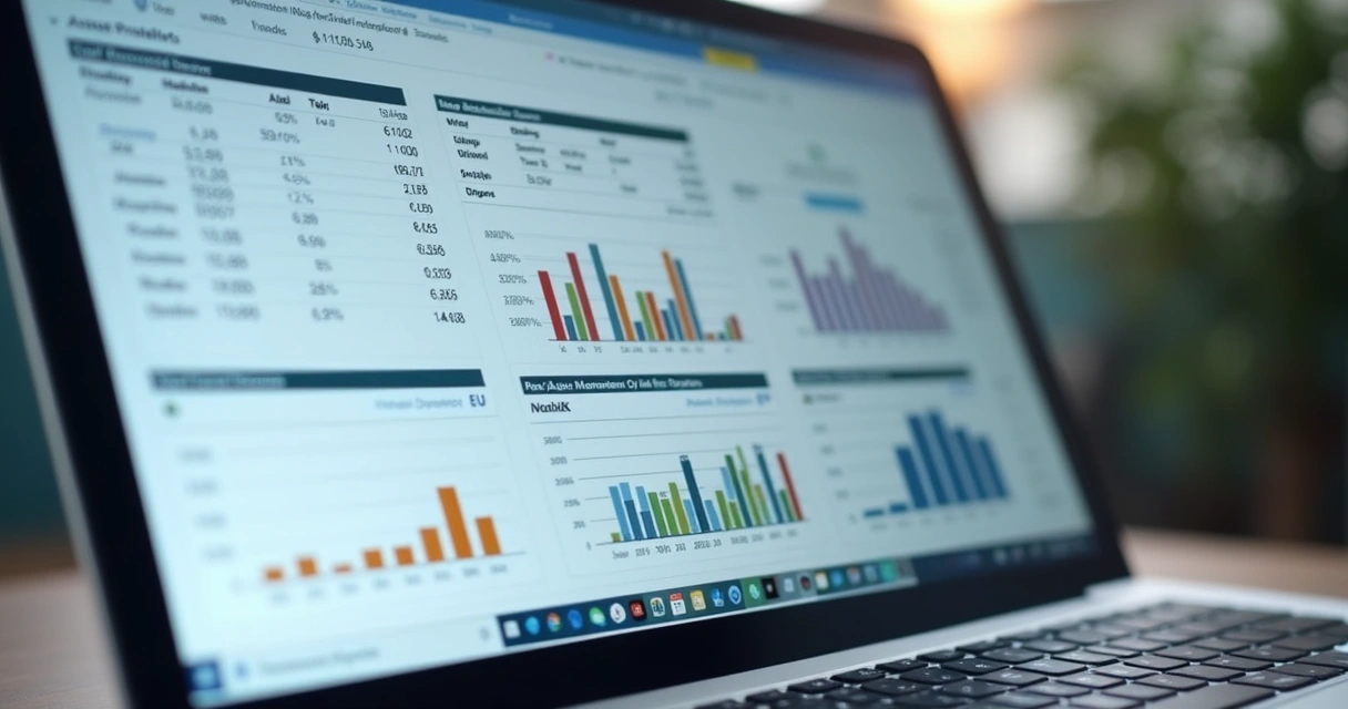 Tela de computador exibindo gráficos de gestão patrimonial 