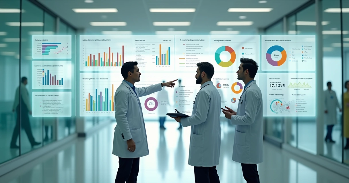 Equipe de gestão analisando relatórios gerenciais em parede com telas digitais na clínica 