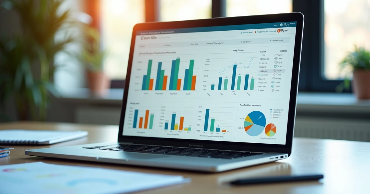 Gráficos coloridos em laptop mostrando relatório financeiro e de vendas online 