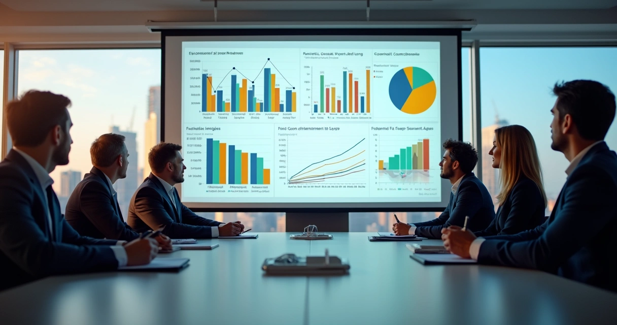 Relatórios gerenciais de ERP com gráficos coloridos em tela grande de reunião 