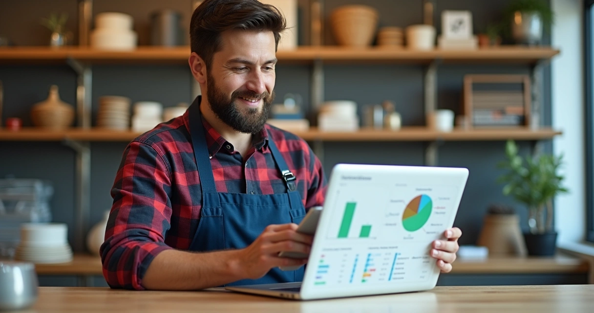 Gestor analisando relatórios gerenciais em tablet em loja pequena 