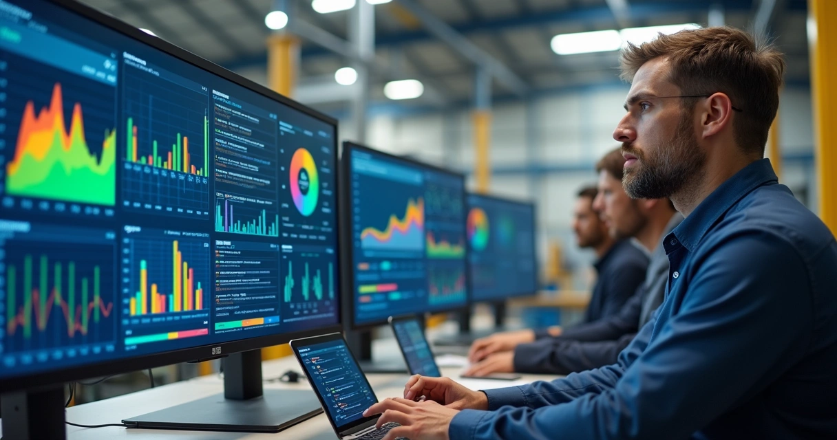 Gestor analisando relatórios digitais em computador em ambiente industrial 
