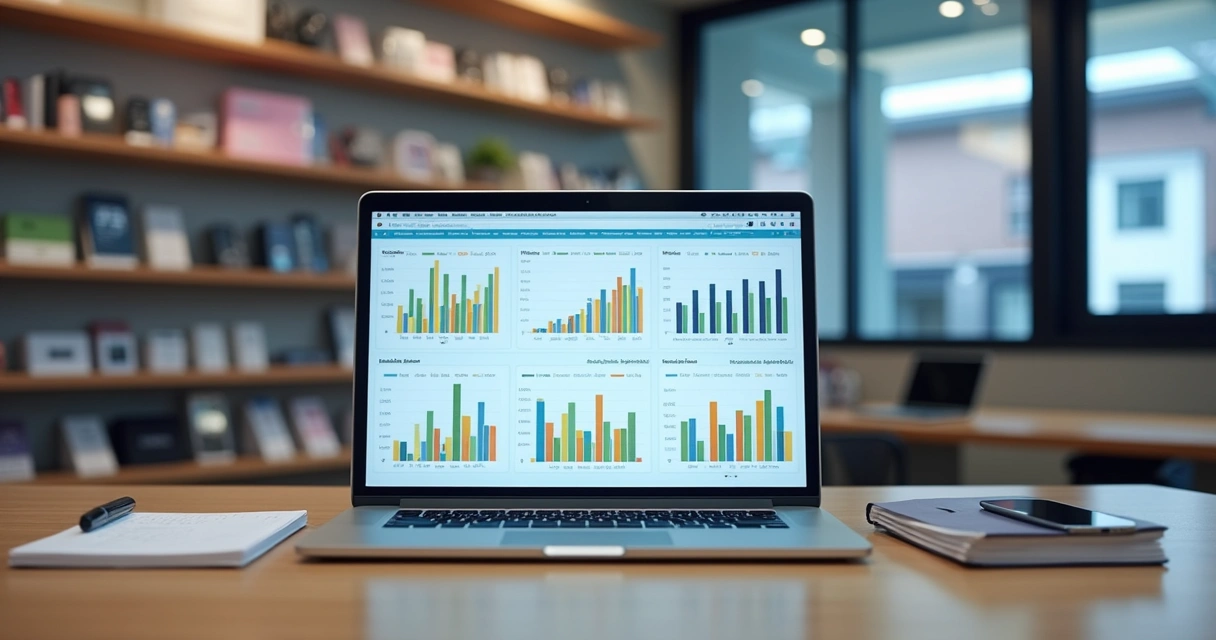 Relatórios financeiros e gráficos coloridos na tela de um notebook em uma loja de celular
