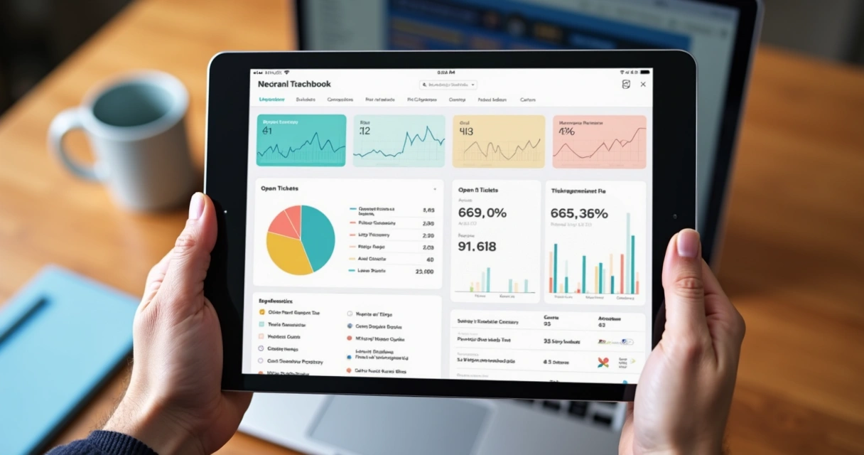 Dashboard de relatórios de helpdesk visualmente simples 