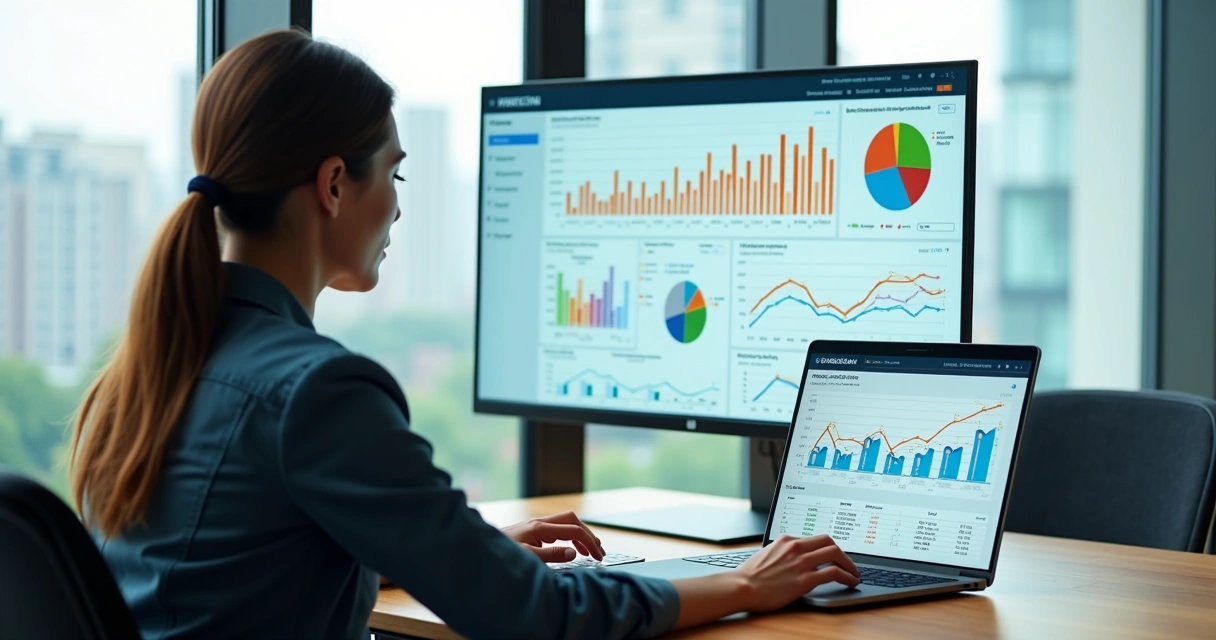 Profissional analisando painel de relatórios com IA integrada a planilhas e métricas digitais 