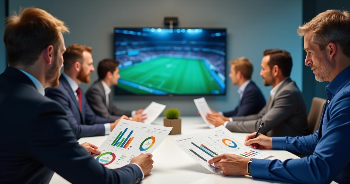 Mesa de reunião com relatórios visuais sobre impacto em canais esportivos 