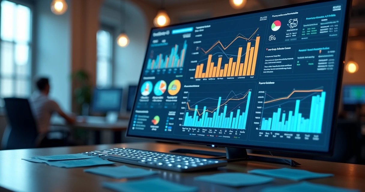 Tela digital com gráficos coloridos e mensagens analisadas 