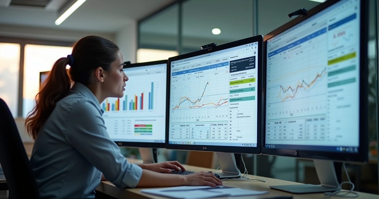 Relatórios financeiros, jurídicos e fiscais visíveis em computadores de escritório de advocacia. 
