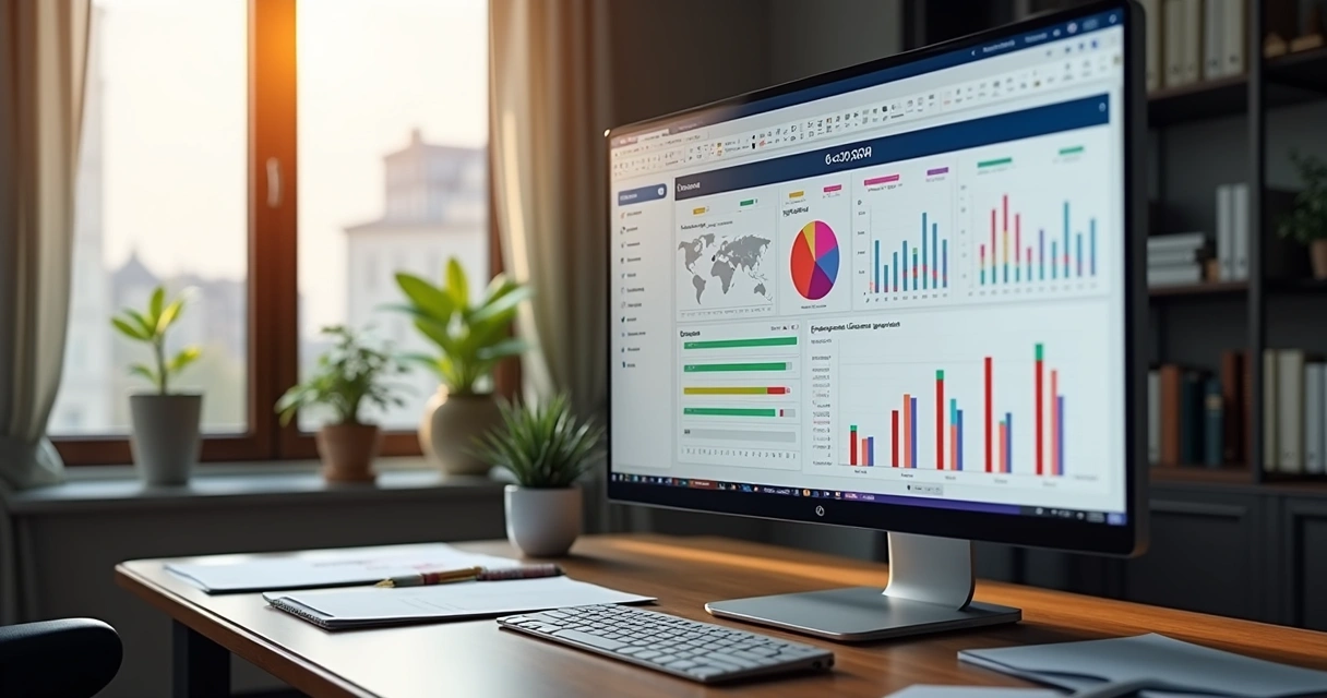 Painel de relatórios jurídicos com gráficos e previsões inteligentes na tela do computador 