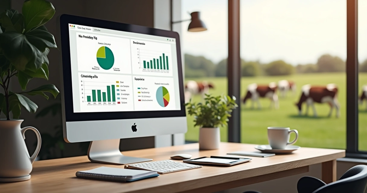 Gráficos de produção de leite e dispositivos digitais em fazenda 