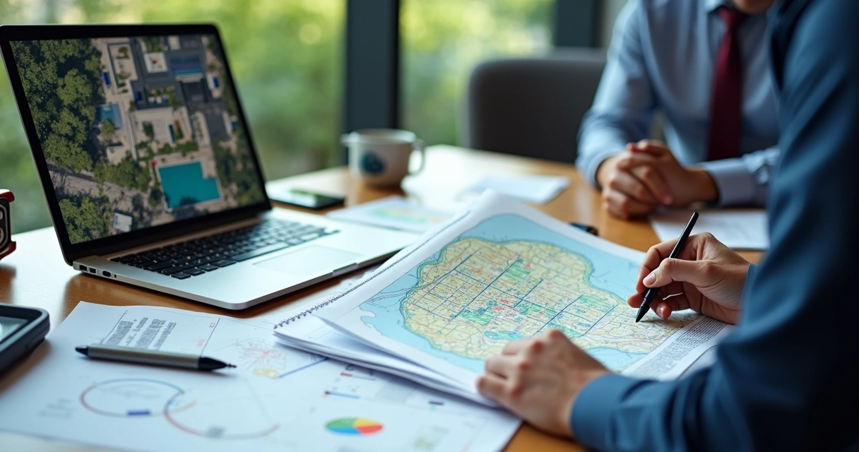 Mapas técnicos e laudos impressos em mesa de escritório de engenharia 