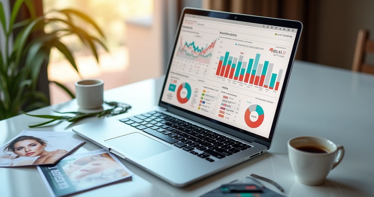 Relatórios de marketing digital para clínica de beleza em tela de notebook 