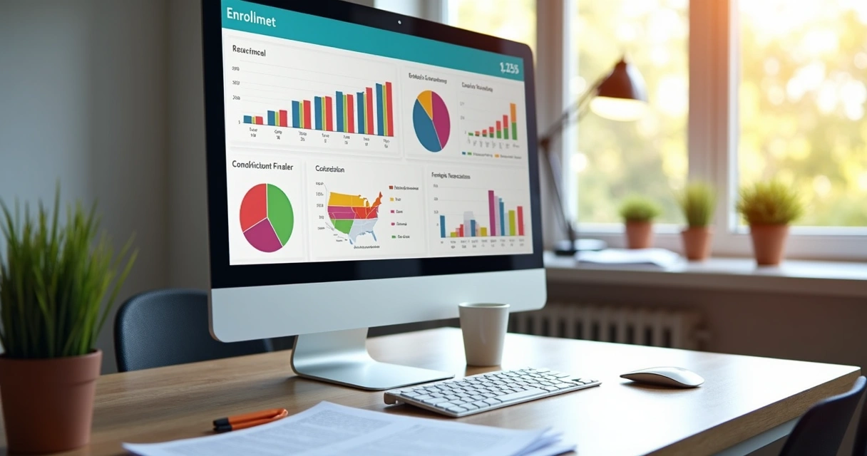 Relatório digital de matrículas com gráficos na tela do computador escolar