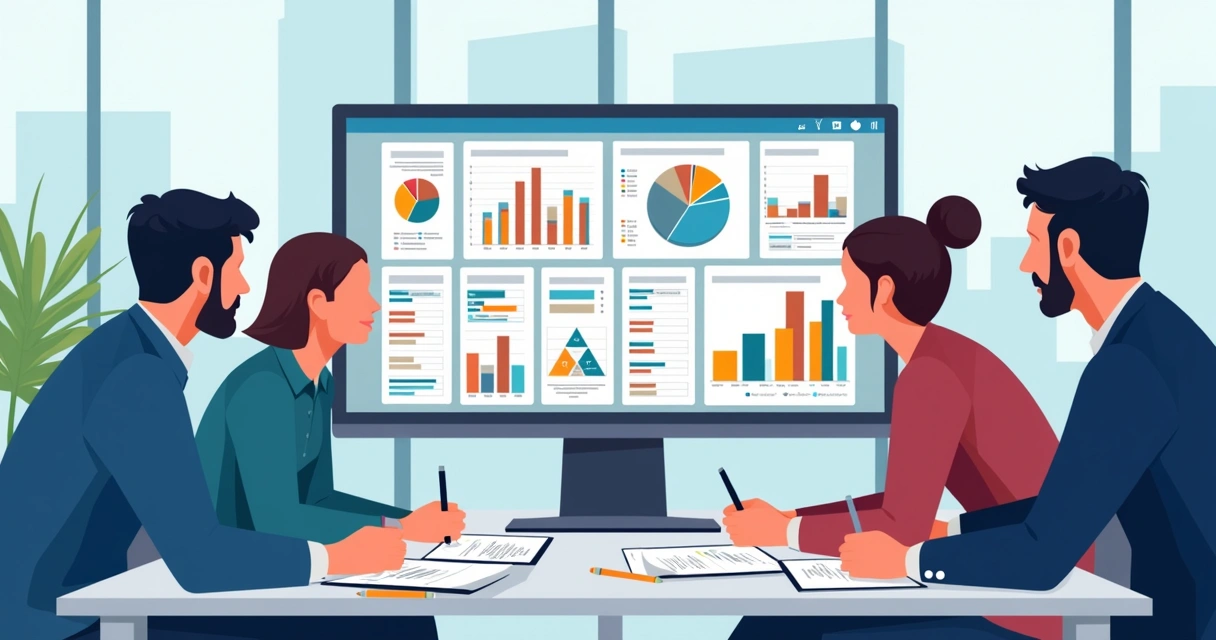 Relatórios personalizados do MS Project abertos na tela e pessoas discutindo ao redor