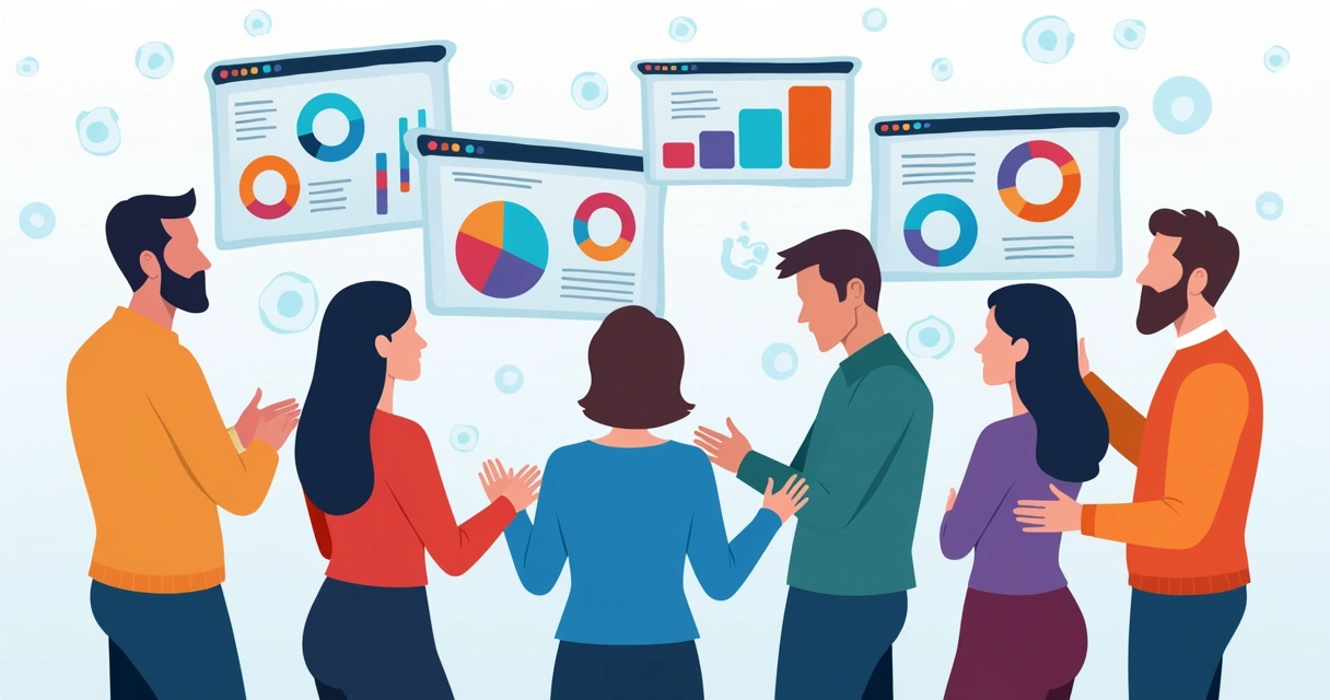 Ilustração corporativa de profissionais analisando relatórios digitais coloridos em telas flutuantes, cada relatório com gráficos variados, representando diferentes stakeholders no MS Project 