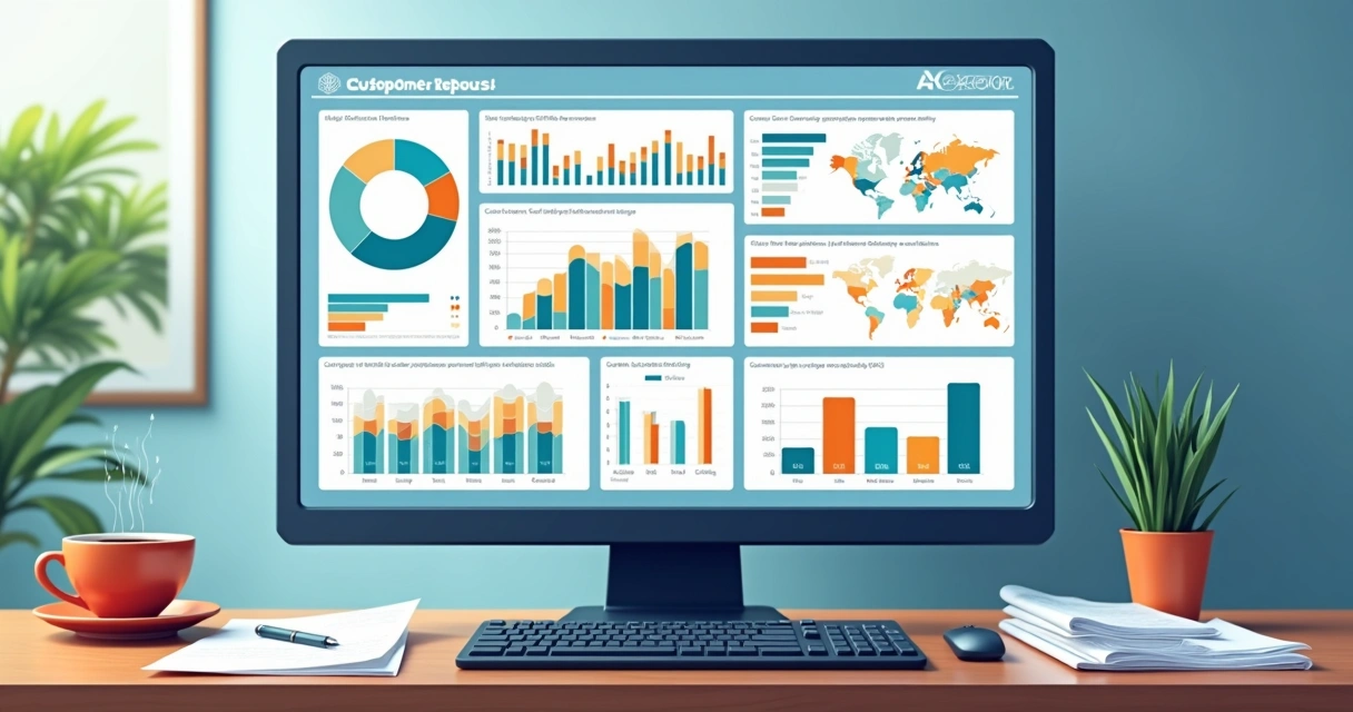 Painel digital exibindo relatórios e gráficos coloridos de cadastro de clientes de uma pequena empresa 