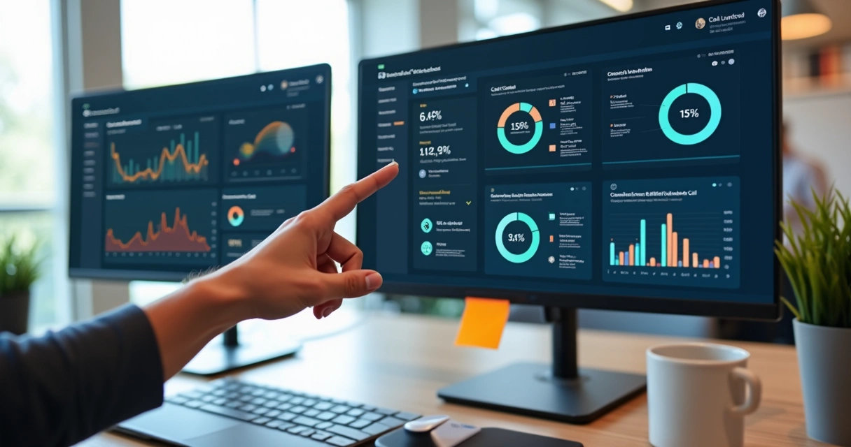 Painel de relatórios do PABX mostrando métricas e gráficos coloridos 