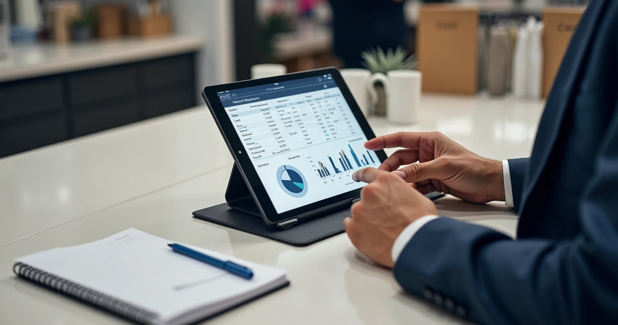 Gestor analisando relatórios de vendas do PDV em tablet no balcão 