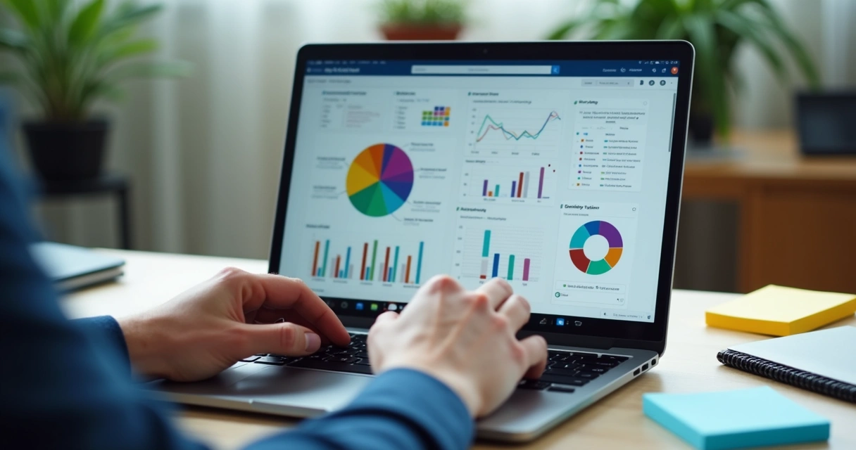 Relatórios digitais coloridos em tela com gráficos e checklists 