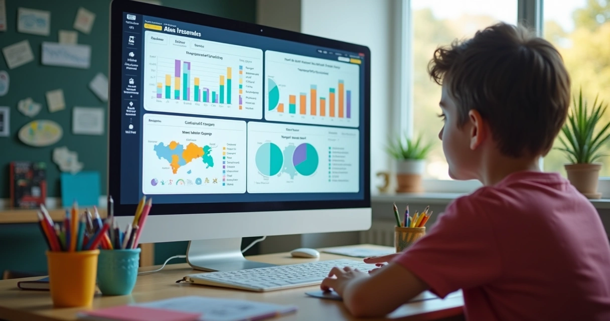 Relatórios digitais de desempenho de alunos exibidos em tela de computador. 