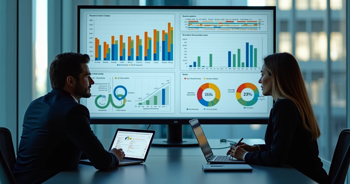 Relatórios de atendimento sendo analisados em tela com gráficos coloridos 