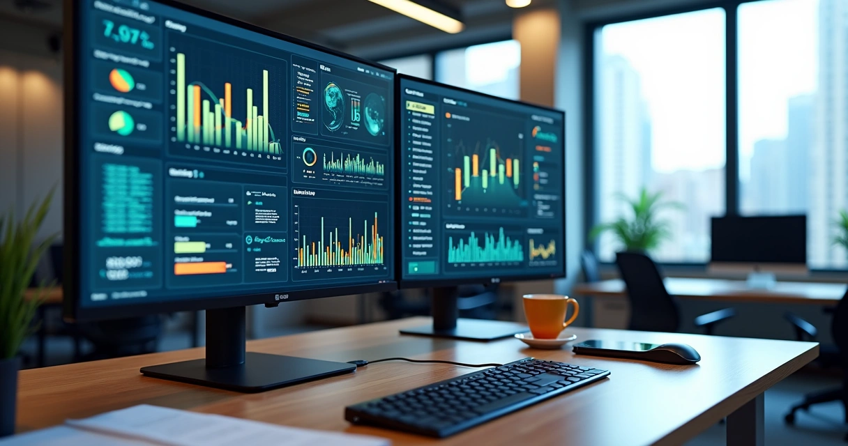 Tela diversa de software exibindo relatórios em tempo real com gráficos e dados atualizados 