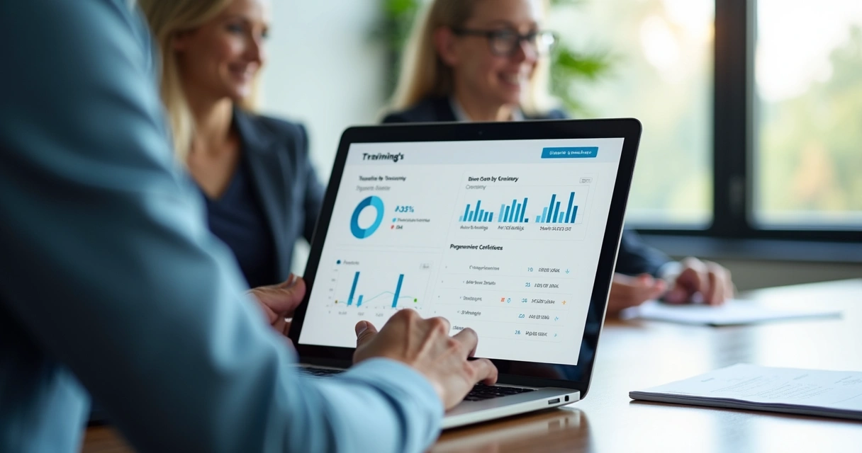 Analista revisando relatórios de treinamento por empresa no notebook 