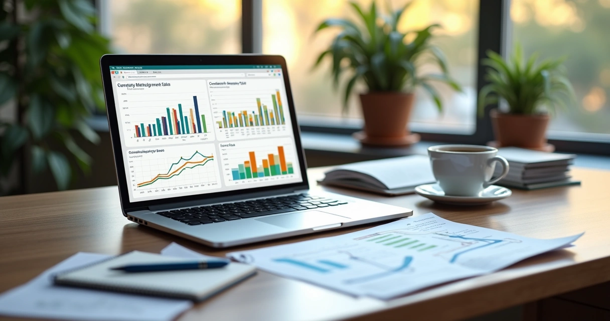 Mesa de trabalho com laptop exibindo gráficos financeiros e relatórios de vendas detalhados com margem de contribuição destacada