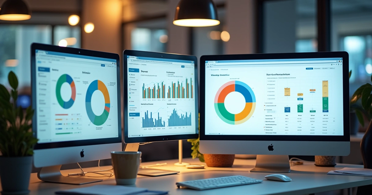 Relatórios digitais de vendas em tempo real exibidos em telas de computador 