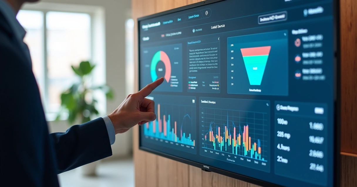 Painel de controle digital com dashboard de vendas, indicadores coloridos de conversão, funil visível, gráfico de origem de leads. 