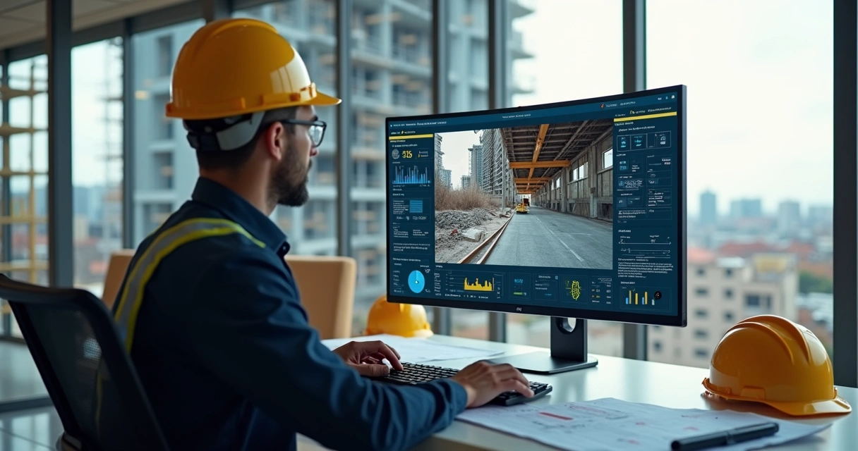 Gestor de obra analisando relatório visual em tela de computador 
